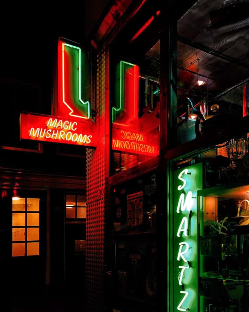 exterior sign of a magic mushroom dispensary